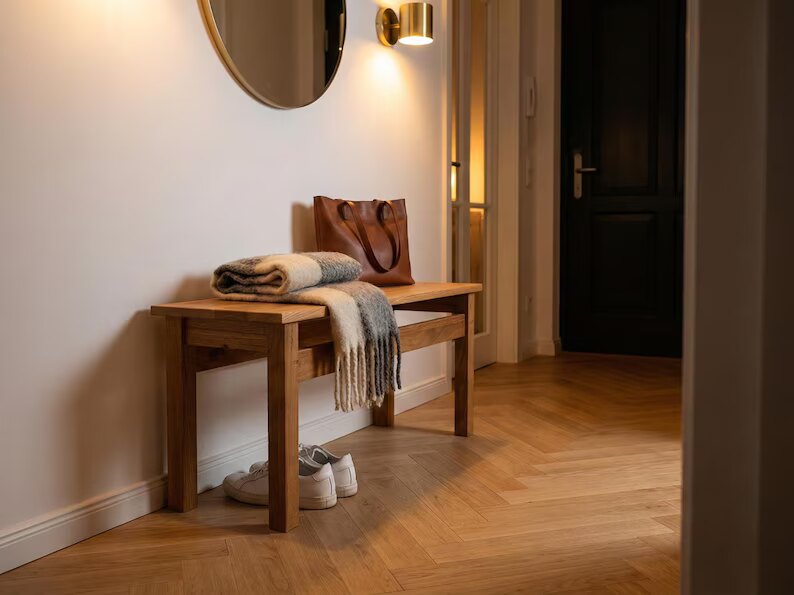 Eichen-Sitzbank mit Querstrebe im Flur mit Spiegel und Garderobe
